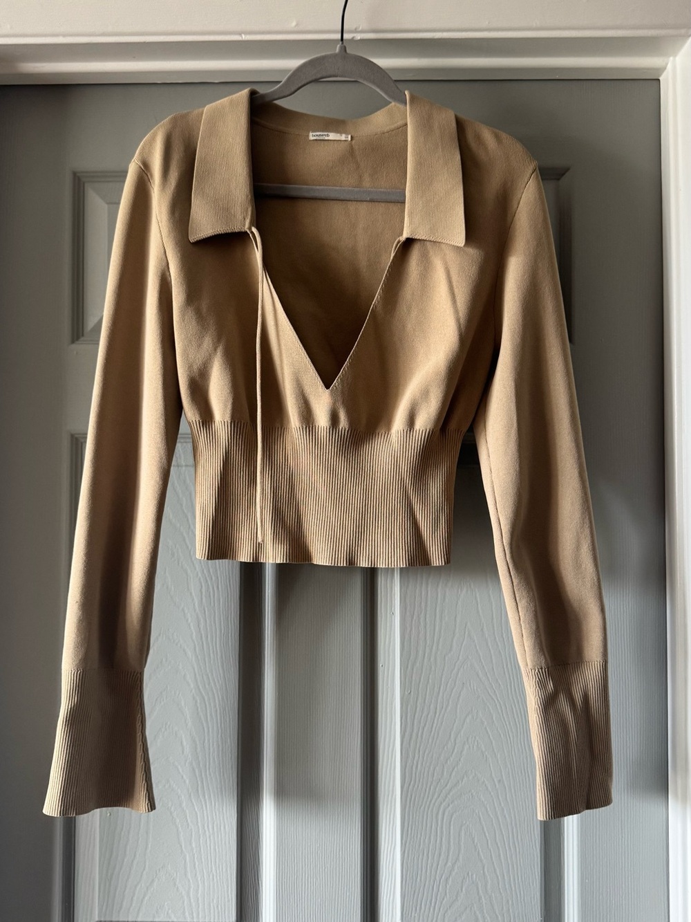 House of CB Beige Deep V Ribbed Hem Collared Top